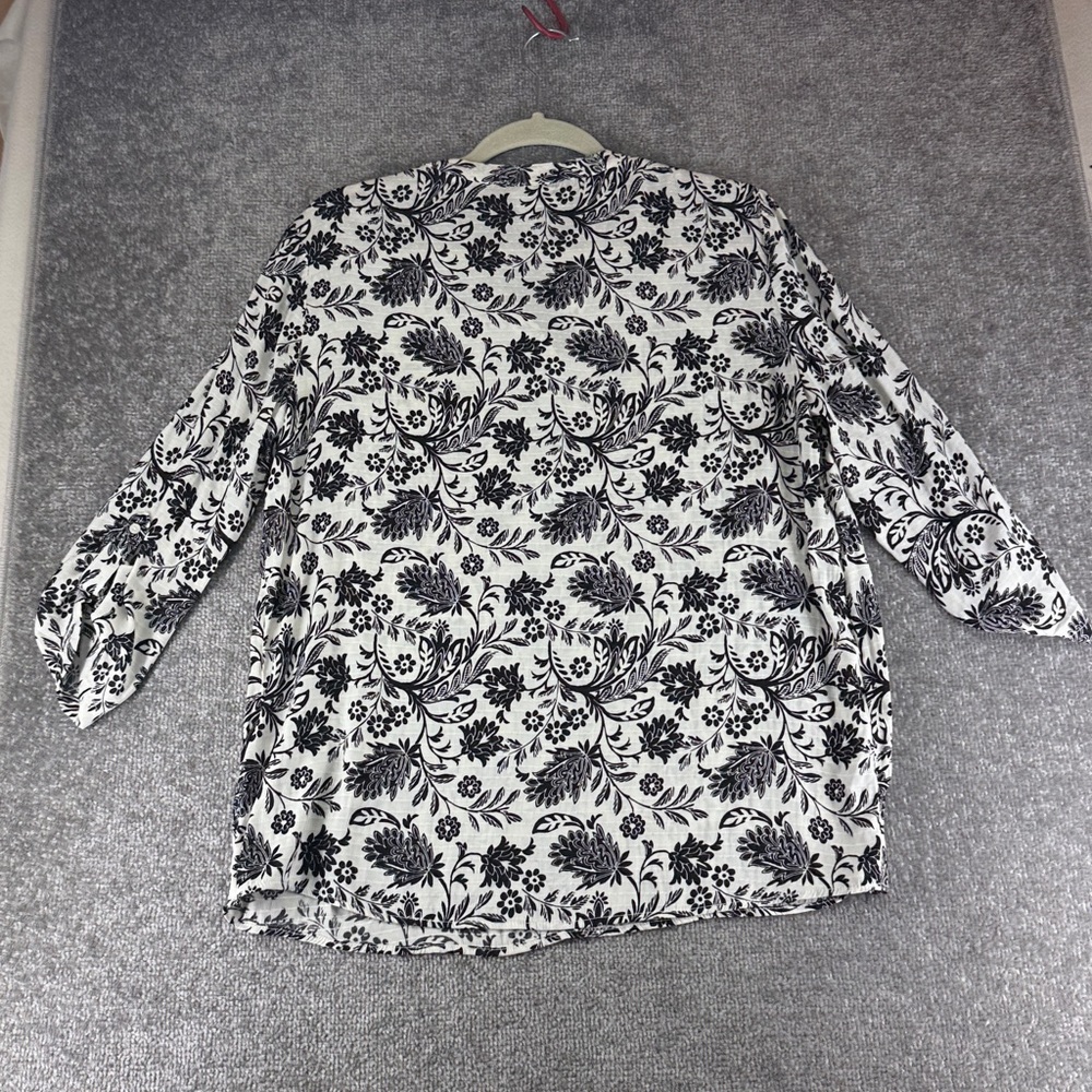 Basic Editions 3/4 Long Sleeve Blouse Shirt Top Black White Floral Womens L - Picture 7 of 8